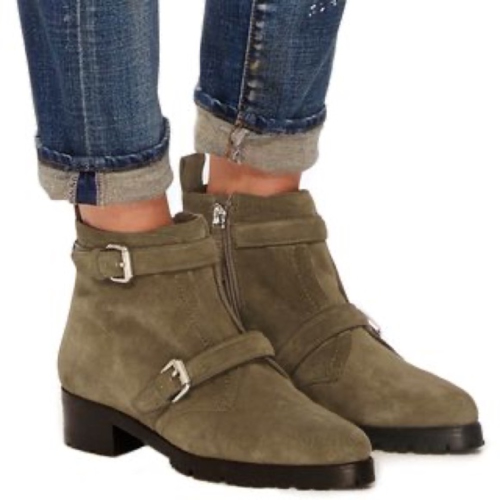 Tabitha Simmons Green Moto Windle Suede Leather Buckle Ankle Boots Booties 7